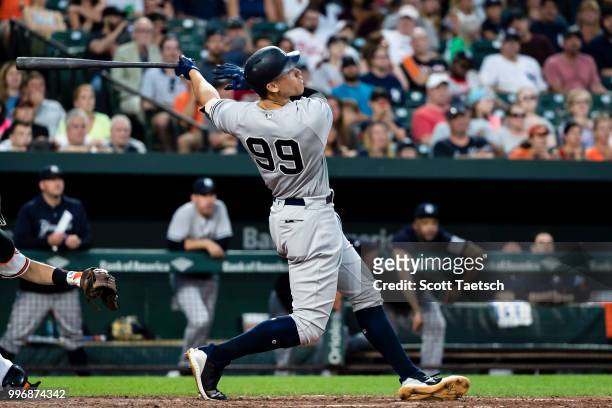 Aaron Judge of the New York Yankees at bat against the Baltimore Orioles during the fourth inning at Oriole Park at Camden Yards on July 11, 2018 in...