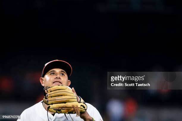 Manny Machado of the Baltimore Orioles looks on against the New York Yankees during the fourth inning at Oriole Park at Camden Yards on July 11, 2018...