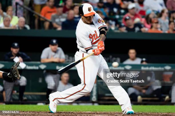 Manny Machado of the Baltimore Orioles at bat against the New York Yankees during the fourth inning at Oriole Park at Camden Yards on July 11, 2018...