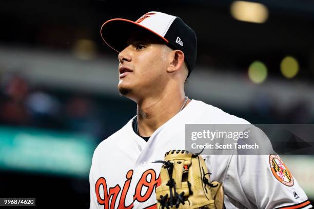 Manny Machado of the Baltimore Orioles looks on against the New York Yankees during the fourth inning at Oriole Park at Camden Yards on July 11, 2018...