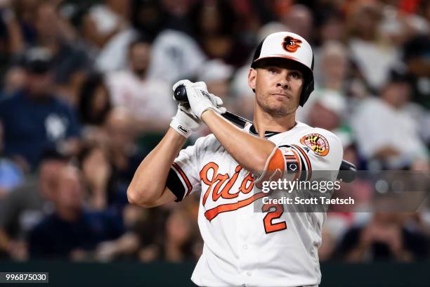 Danny Valencia of the Baltimore Orioles reacts after striking out against the New York Yankees during the seventh inning at Oriole Park at Camden...