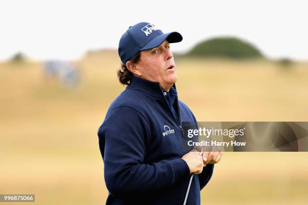 Phil Mickelson of USA reacts to a missed putt on hole one during day one of the Aberdeen Standard Investments Scottish Open at Gullane Golf Course on...