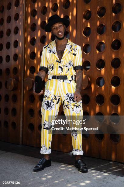 Paris Warren is seen on the street during Men's New York Fashion Week wearing Underwood NY with Zara hat and shoes on July 11, 2018 in New York City.