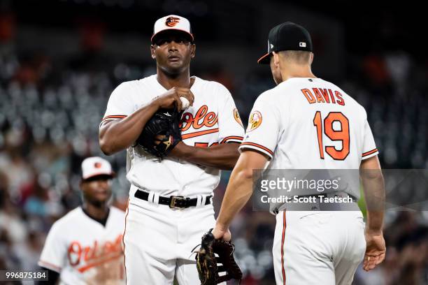 Jhan Marinez of the Baltimore Orioles is relived of pitching duties during the eighth inning against the New York Yankees at Oriole Park at Camden...