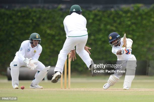 Sri Lanka Board Xl batsman Kaushal silva playing a cover drive in his knock of 76runs during the day one of a two-day practice match between the Sri...