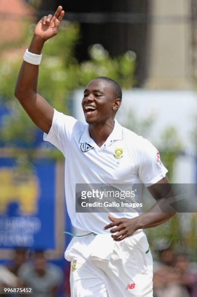 South Africa fast bowler Kagiso Rabada celebrating the wicket of Angelo Mathews during day 1 of the 1st Test match between Sri Lanka and South Africa...