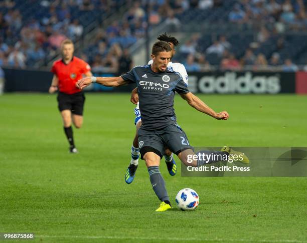 Ben Sweat controls ball during regular MLS game against Montreal Impact on Yankee stadium NYC FC won 3 - 0.