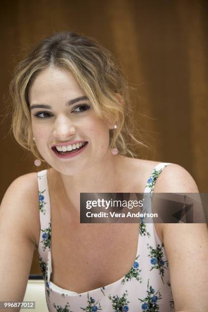 Lily James at the "Mamma Mia! Here We Go Again" Press Conference at the Grand Hotel on July 11, 2018 in Stockholm, Sweden.