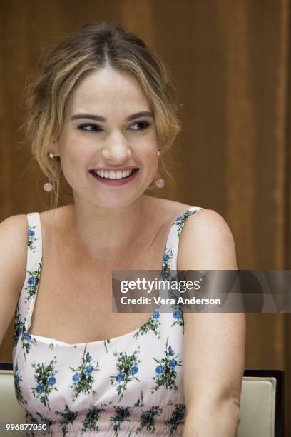 Lily James at the "Mamma Mia! Here We Go Again" Press Conference at the Grand Hotel on July 11, 2018 in Stockholm, Sweden.