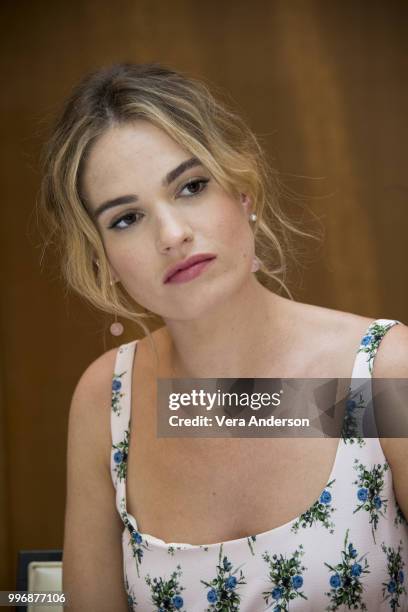 Lily James at the "Mamma Mia! Here We Go Again" Press Conference at the Grand Hotel on July 11, 2018 in Stockholm, Sweden.