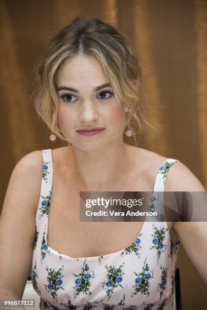 Lily James at the "Mamma Mia! Here We Go Again" Press Conference at the Grand Hotel on July 11, 2018 in Stockholm, Sweden.