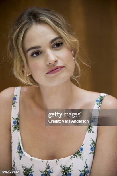 Lily James at the "Mamma Mia! Here We Go Again" Press Conference at the Grand Hotel on July 11, 2018 in Stockholm, Sweden.