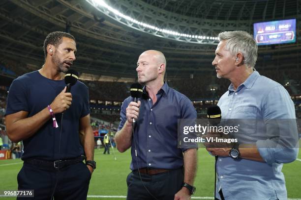 Analist Rio Ferdinand, analist Alan Shearer, interviewer Gary Lineker during the 2018 FIFA World Cup Russia Semi Final match between Croatia and...