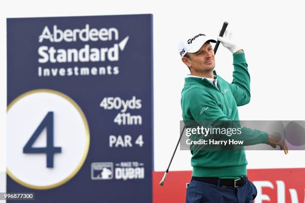 Justin Rose of England reacts to his tee shot on hole four during day one of the Aberdeen Standard Investments Scottish Open at Gullane Golf Course...