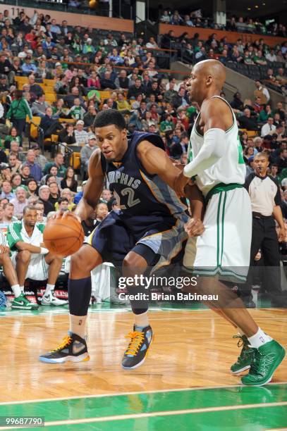 Rudy Gay of the Memphis Grizzlies drives the ball against Ray Allen the Memphis Grizzlies on March 10, 2010 at the TD Garden in Boston,...