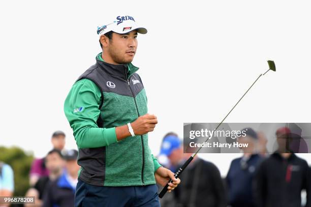 Hideki Matsuyama of Japan reacts to putting par on hole three during day one of the Aberdeen Standard Investments Scottish Open at Gullane Golf...
