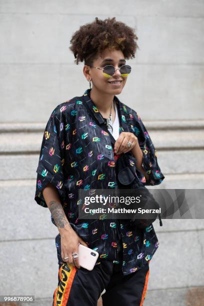 Sherri Daniels is seen on the street during Men's New York Fashion Week wearing Jun.J, Black Eyepatch on July 11, 2018 in New York City.