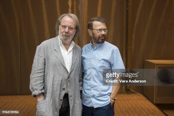 Benny Andersson and Bjorn Ulvaeus of ABBA at the "Mamma Mia! Here We Go Again" Press Conference at the Grand Hotel on July 11, 2018 in Stockholm,...