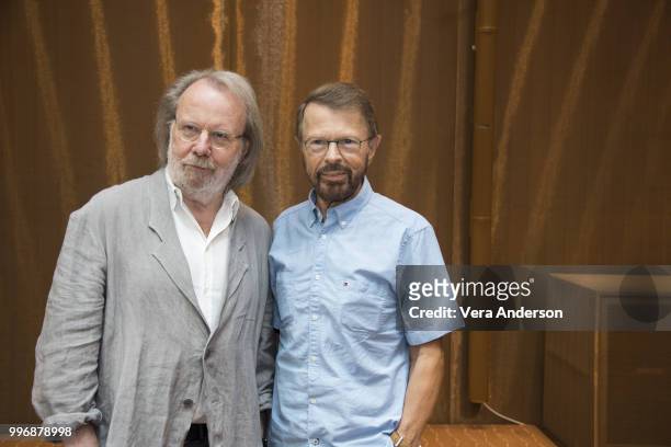 Benny Andersson and Bjorn Ulvaeus of ABBA at the "Mamma Mia! Here We Go Again" Press Conference at the Grand Hotel on July 11, 2018 in Stockholm,...