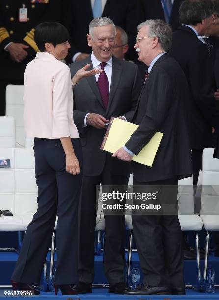 Norwegian Foreign Minister Ine Eriksen Soreide, U.S. Secretary of Defense James Mattis and National Security Advisor John Bolton chat prior to the...