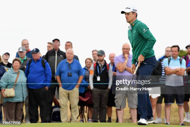 Justin Rose of England reacts to a missed putt on hole three during day one of the Aberdeen Standard Investments Scottish Open at Gullane Golf Course...