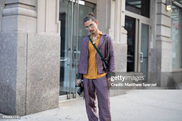 Tree is seen on the street during Men's New York Fashion Week wearing Scotch and Soda with Acronym on July 11, 2018 in New York City.