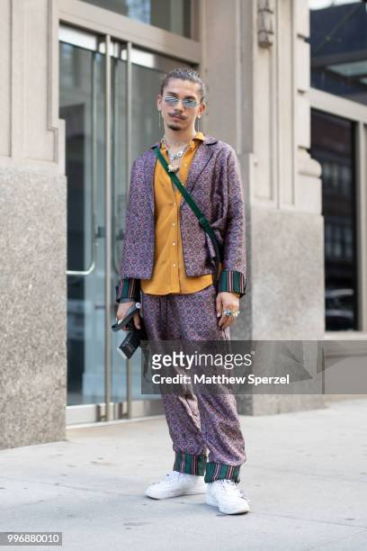 Tree is seen on the street during Men's New York Fashion Week wearing Scotch and Soda with Acronym on July 11, 2018 in New York City.