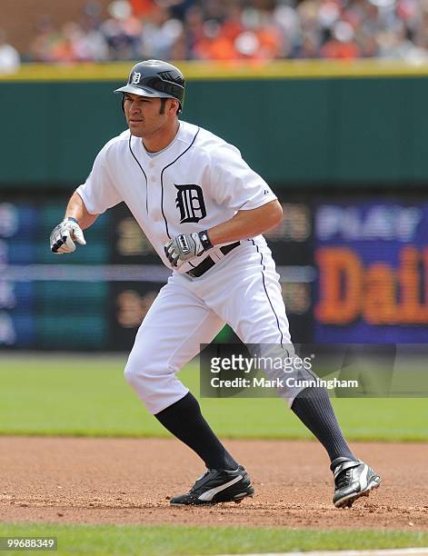 Johnny Damon of the Detroit Tigers gets a lead off first base against the Boston Red Sox during the game at Comerica Park on May 16, 2010 in Detroit,...