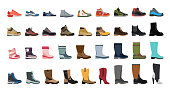 Big flat icon collection of men's, women's and children's footwear.