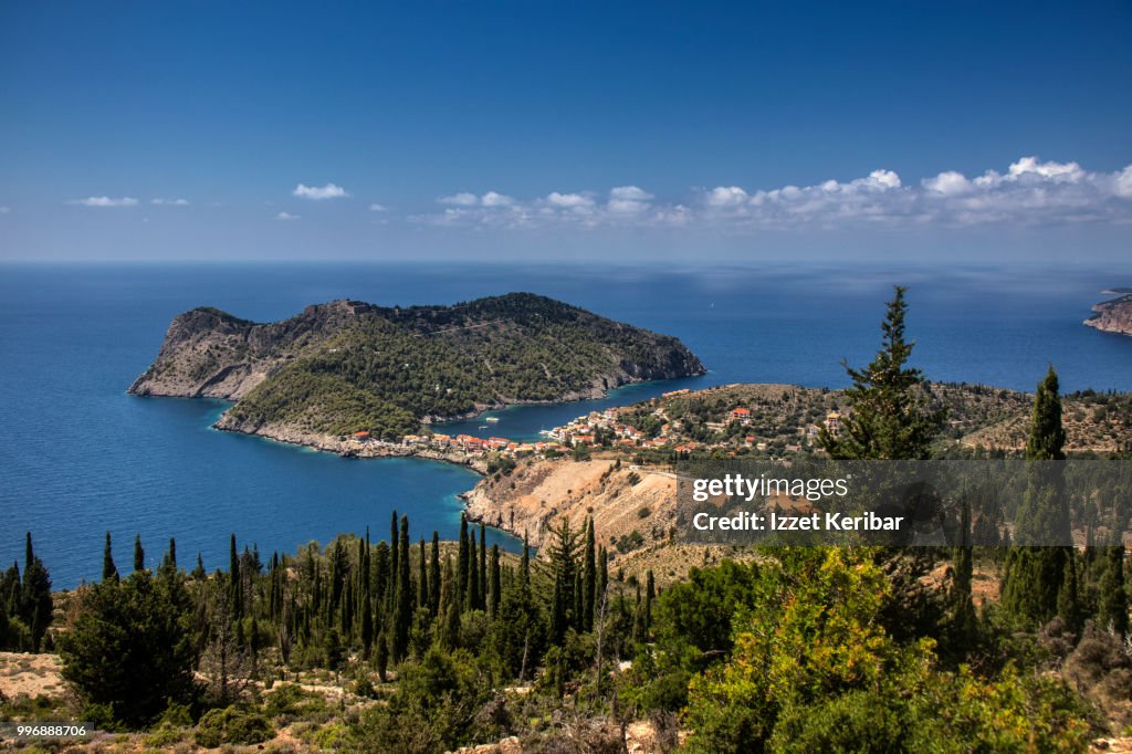 Aerial image of Assos town, showing the peninsula, Kefalonia island, Greece.
