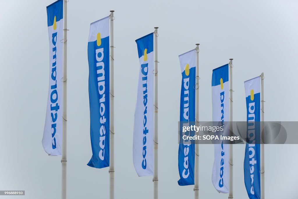 French retailer Castorama flags are seen in Krakow...
