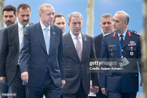 Turkish President Recep Tayyip Erdogan arrives at the 2018 NATO Summit at NATO headquarters on July 12, 2018 in Brussels, Belgium. Leaders from NATO...