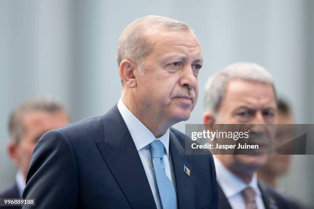 Turkish President Recep Tayyip Erdogan arrives at the 2018 NATO Summit at NATO headquarters on July 12, 2018 in Brussels, Belgium. Leaders from NATO...