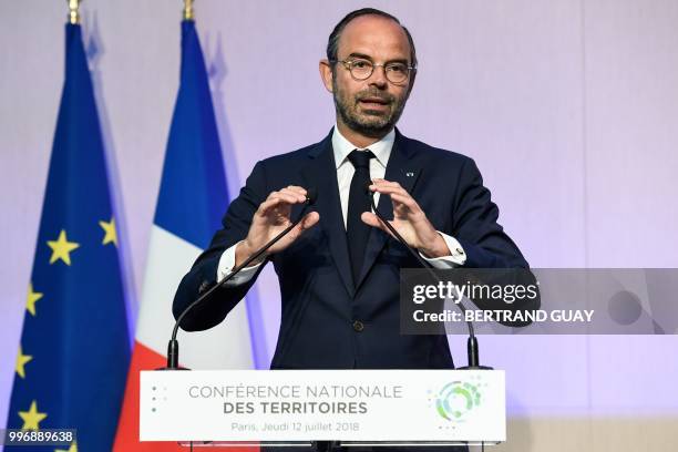 French Prime minister Edouard Philippe addresses the closing speech of the Conference des Territoires meeting in Paris on July 12, 2018 in Paris.