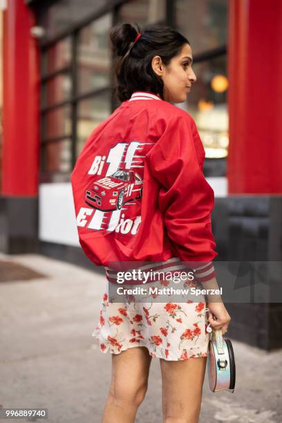 Anahita Moussavian is seen on the street during Men's New York Fashion Week wearing vintage jacket, Reformation, Topshop, Vans, on July 11, 2018 in...