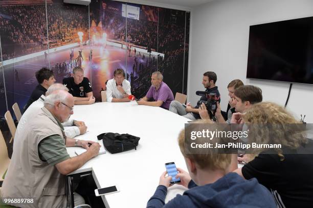 Sports coordinator Volker Zerbe and coach Velimir Petkovic of Fuechse Berlin speaks with the journalists during the media talk at Fuechse-Town on...