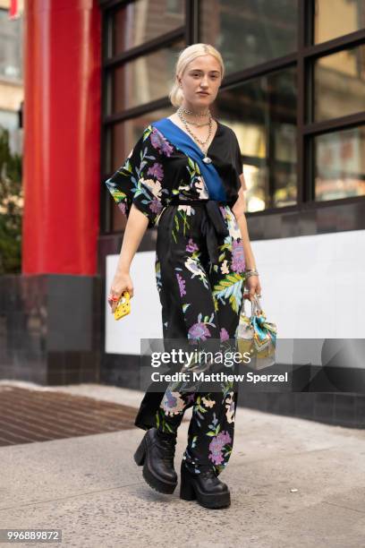 Morgan Hill is seen on the street during Men's New York Fashion Week wearing Diane von Furstenberg on July 11, 2018 in New York City.