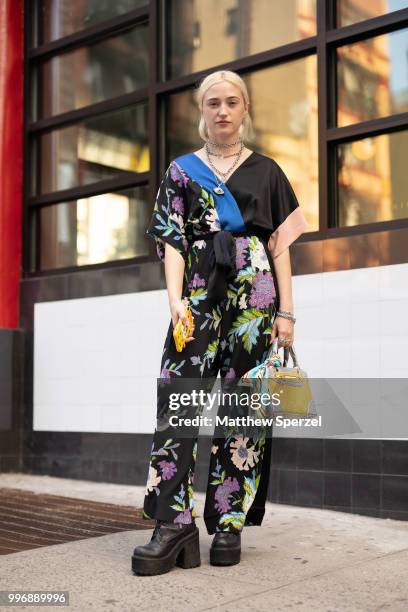 Morgan Hill is seen on the street during Men's New York Fashion Week wearing Diane von Furstenberg on July 11, 2018 in New York City.