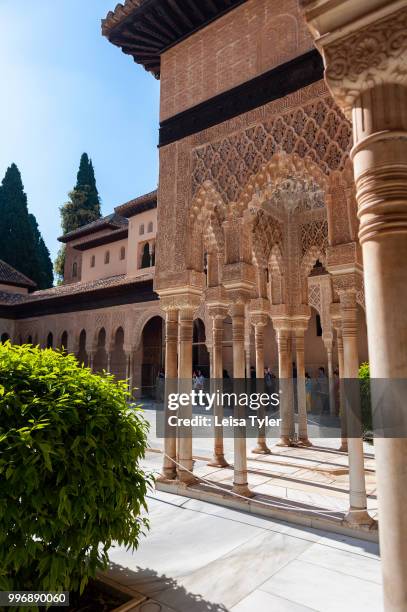 The Patio de los Leones, Courtyard of the Lions, at the Alhambra, a 13th century Moorish palace complex in Granada, Spain. Built on Roman ruins, the...