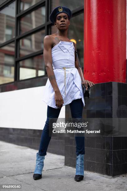 Eddie Jarel Jonesx is seen on the street during Men's New York Fashion Week wearing his own brand on July 11, 2018 in New York City.