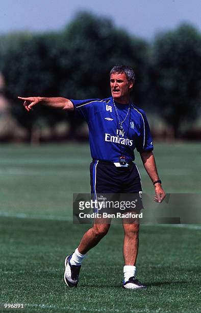 Chelsea coach Claudio Ranieri issues instructions during a training session at the launch of the new Chelsea away kit at the Chelsea Training Ground...