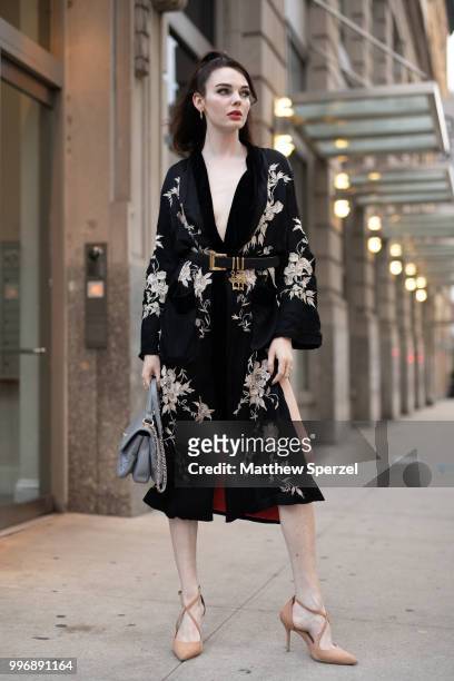 Marley is seen on the street during Men's New York Fashion Week wearing Zara dress with vintage belt on July 11, 2018 in New York City.