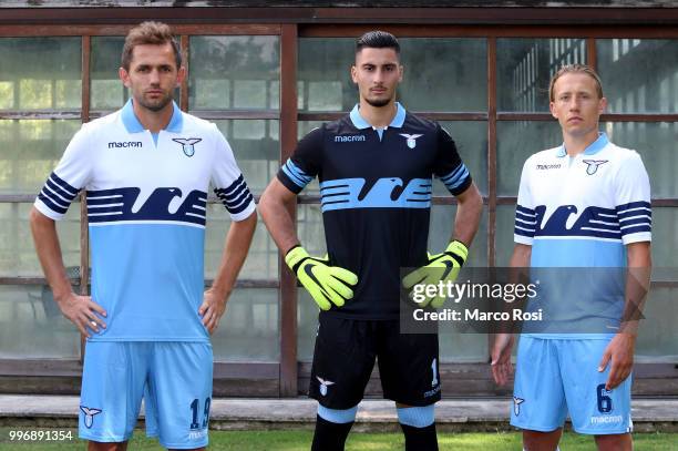 Lazio Players Lucas Leiva, Thomas Strakosha And Senad Lulic during SS Lazio new shirt unveiling on July 12, 2018 in Rome, Italy.