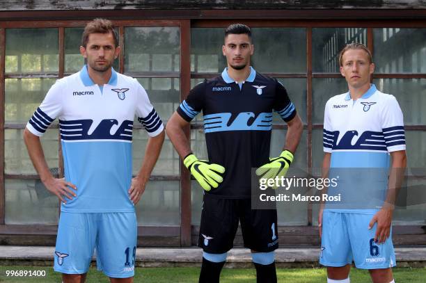 Lazio Players Lucas Leiva, Thomas Strakosha And Senad Lulic during SS Lazio new shirt unveiling on July 12, 2018 in Rome, Italy.