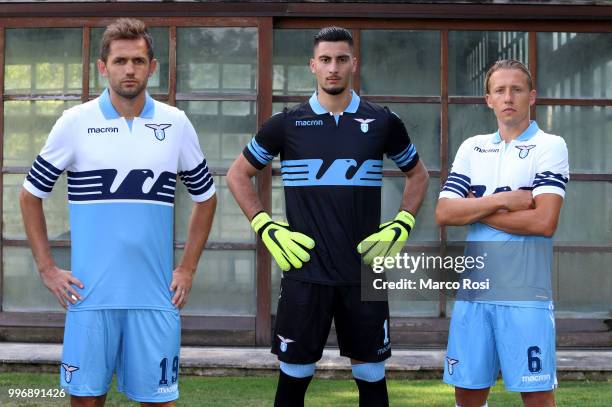 Lazio Players Lucas Leiva, Thomas Strakosha And Senad Lulic during SS Lazio new shirt unveiling on July 12, 2018 in Rome, Italy.