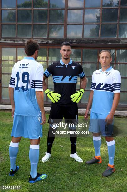 Lazio Players Lucas Leiva, Thomas Strakosha And Senad Lulic during SS Lazio new shirt unveiling on July 12, 2018 in Rome, Italy.