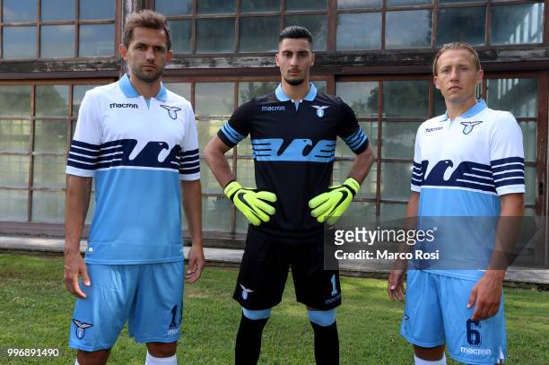 Lazio Players Lucas Leiva, Thomas Strakosha And Senad Lulic during SS Lazio new shirt unveiling on July 12, 2018 in Rome, Italy.