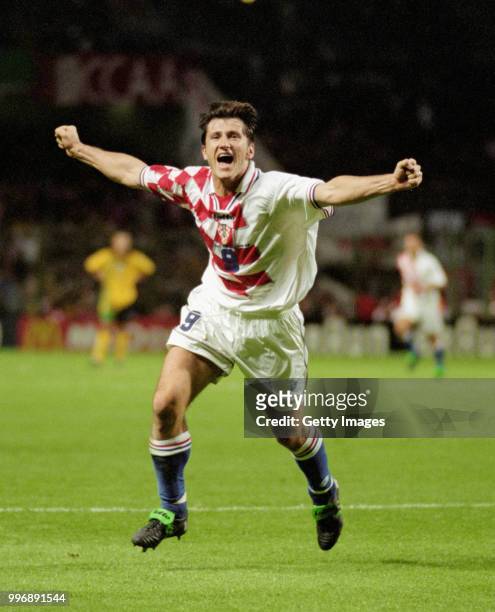 Croatia player Davor Suker celebrates after scoring against Jamaica at the 1998 World Cup Finals on June 14, 1998 in Lens, France.