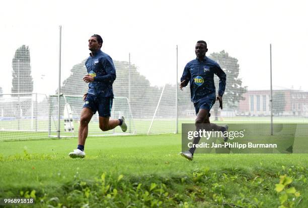 Karim Rekik and Salomon Kalou of Hertha BSC during the training at the Schenkendorfplatz on July 12, 2018 in Berlin, Germany.