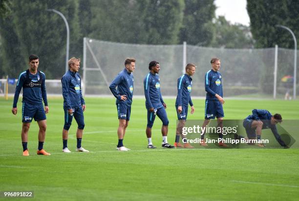 Muhammed Kiprit, Per Skjelbred, Lukas Kluenter, Valentino Lazaro, Palko Dardai, Florian Krebs and Maurice Covic of Hertha BSC during the training at...